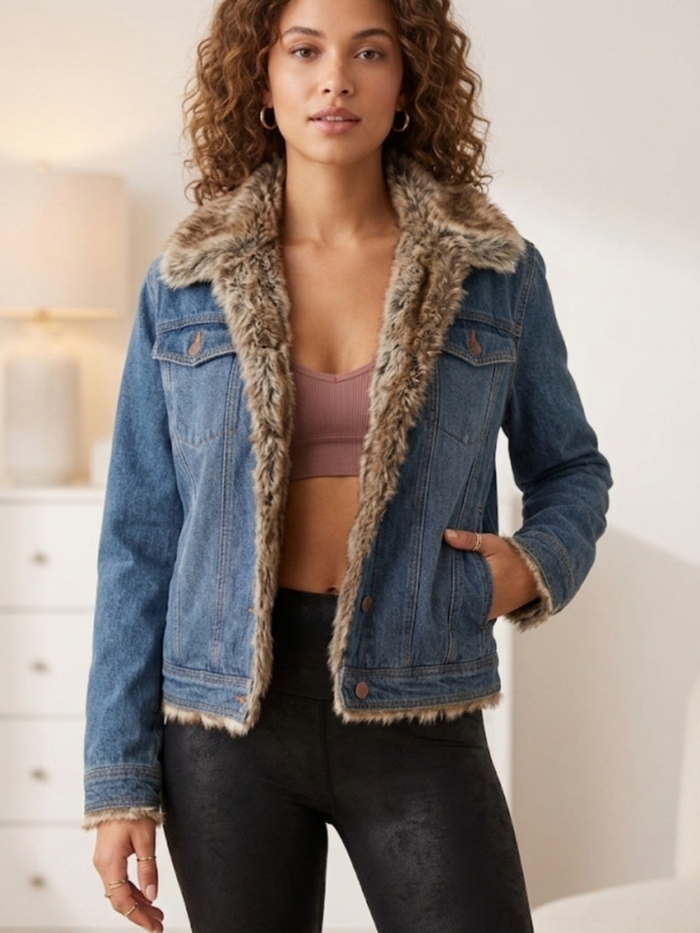 Faux Fur-Lined Denim Jacket - Blue